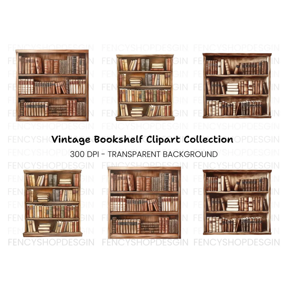 Vintage Bookshelf Clipart Bundle