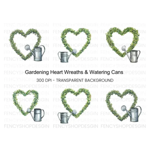 Greenery Heart Watering Can Clipart Bundle
