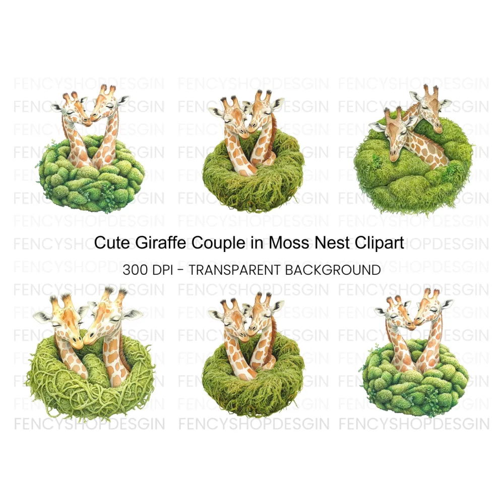 Cute Giraffe Couples in Moss Nests Clipart Bundle