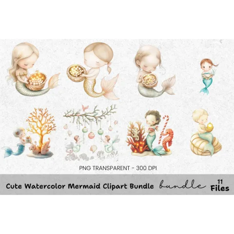 Cute Christmas Mermaids Clipart Bundle
