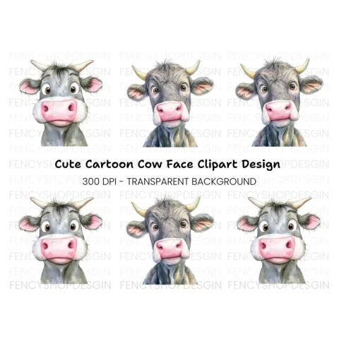 Cute Cartoon Cow Faces Clipart Bundle