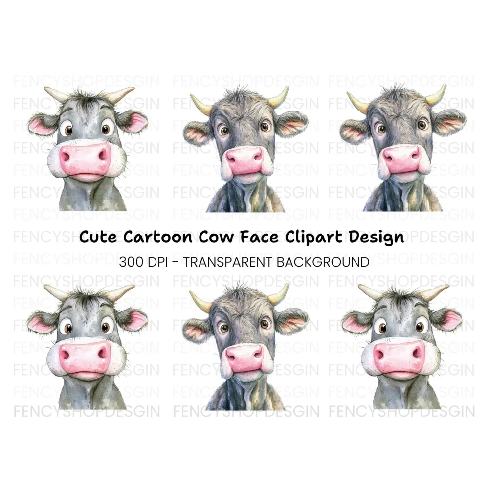Cute Cartoon Cow Faces Clipart Bundle