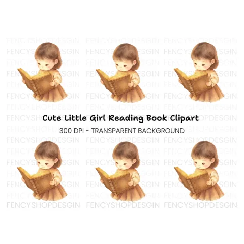 Cute Little Girl Reading Book Clipart Bundle