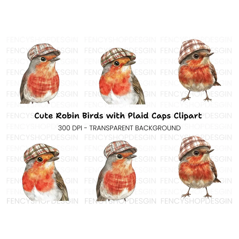 Three Robins in Plaid Flat Caps Clipart Bundle