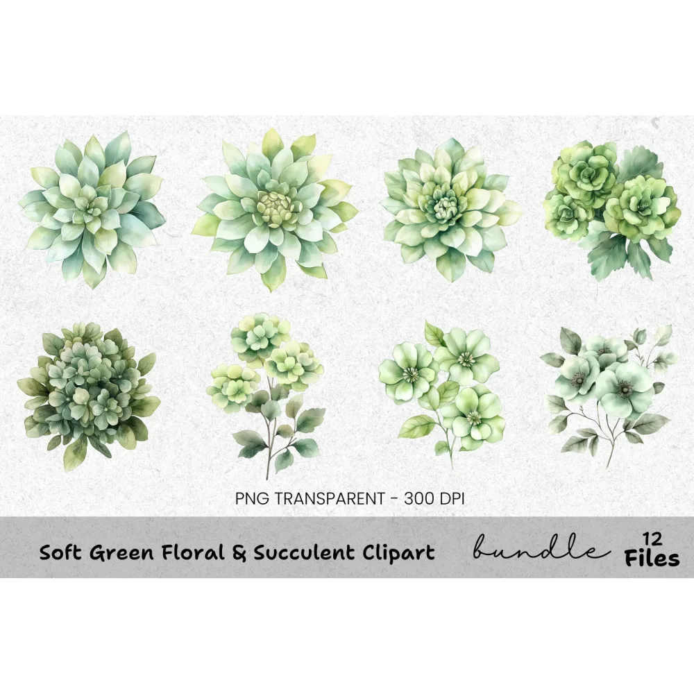 Soft Green Floral Succulent Clipart Bundle