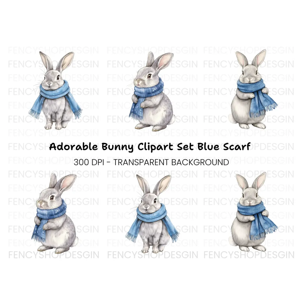 Cute Grey Bunnies with Blue Scarves Clipart Bundle