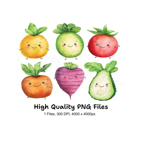 Cute Happy Fruits & Veggies Clipart Bundle