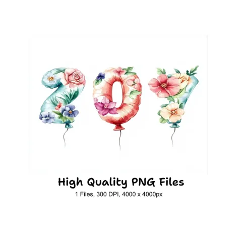 Floral Number Balloons Clipart Bundle