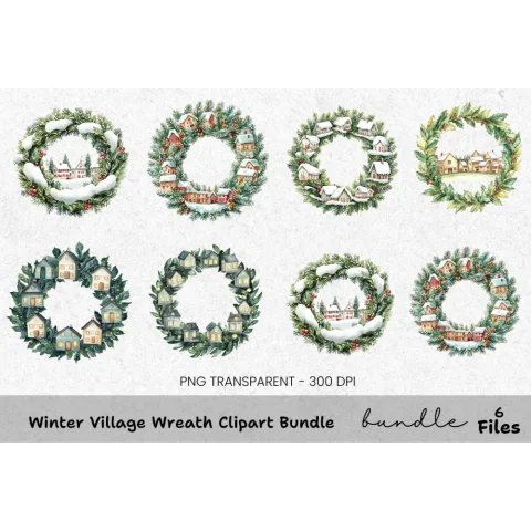 Winter Village Wreath Clipart Bundle