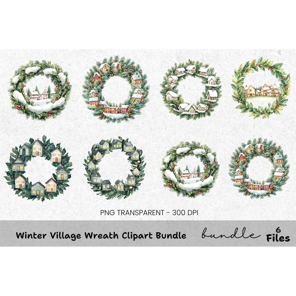 Winter Village Wreath Clipart Bundle