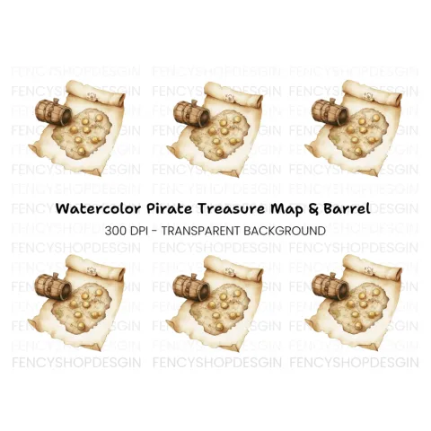 Pirate Treasure Map and Barrel Clipart Bundle