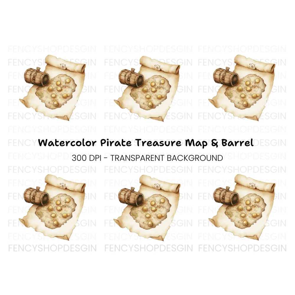 Pirate Treasure Map and Barrel Clipart Bundle