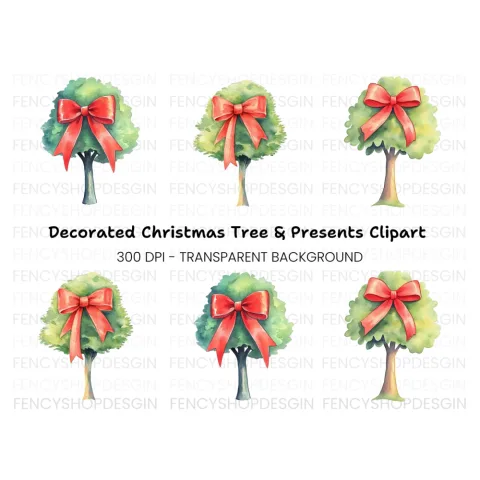 Green Trees with Red Bows Clipart Bundle