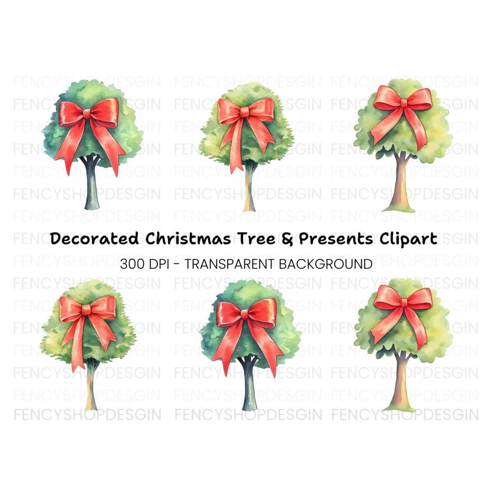 Green Trees with Red Bows Clipart Bundle