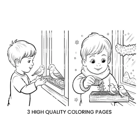 Boy Feeding Birds in Winter Coloring Books