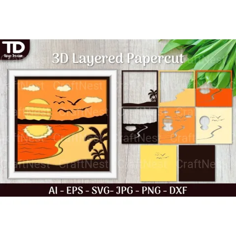 Tropical Beach Sunset D Shadow Box Scene Layered Papercut SVG