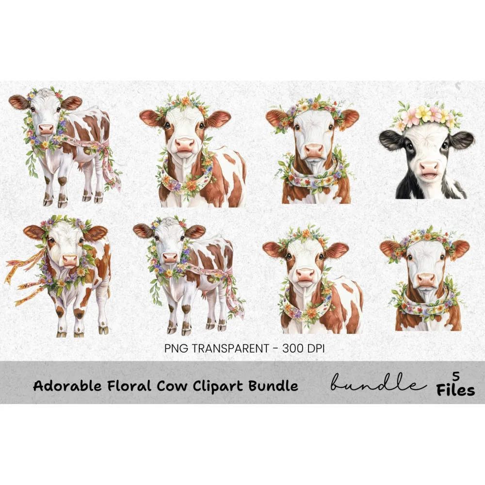 Adorable Floral Cow Clipart Bundle