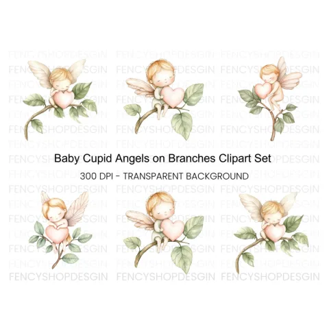 Baby Angels on Branches with Hearts Clipart Bundle
