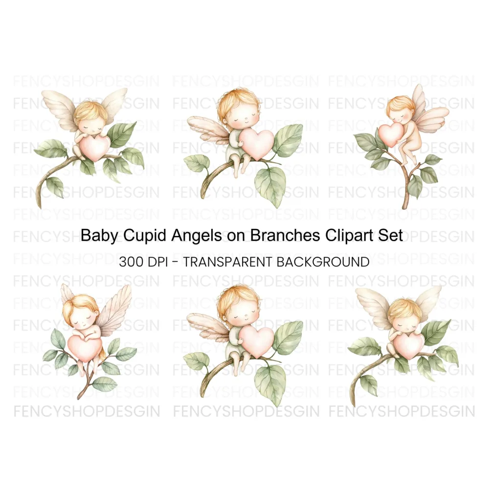 Baby Angels on Branches with Hearts Clipart Bundle