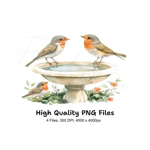 Robin Bird Bath Clipart Bundle