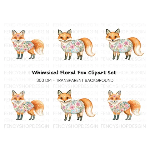 Floral Foxes Clipart Bundle