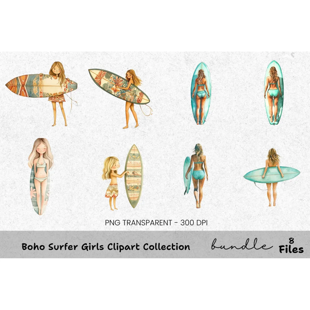 Boho Surfer Girls Clipart Bundle