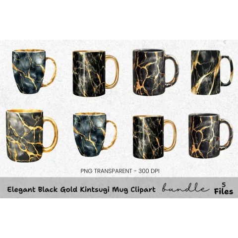Elegant Black Gold Kintsugi Clipart Bundle