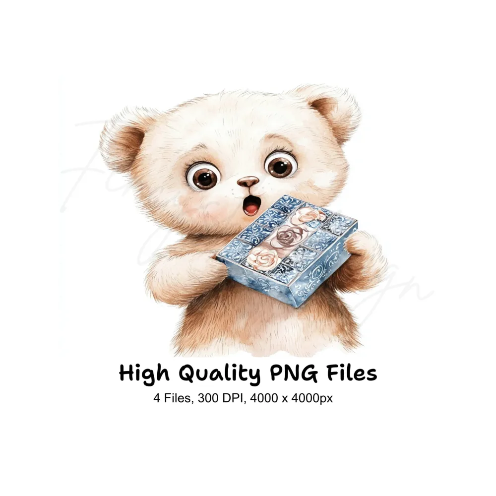 Cute Bear with Blue Chocolate Box Clipart Bundle
