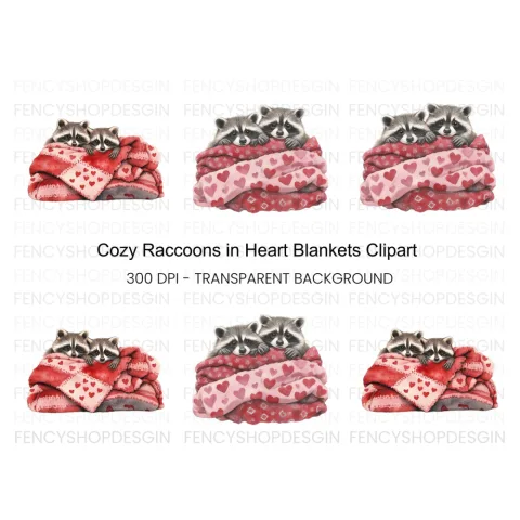 Raccoons in Heart Blankets Clipart Bundle