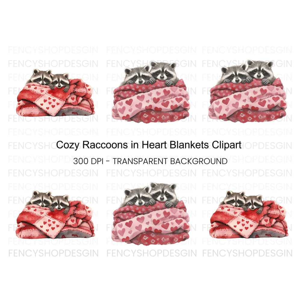 Raccoons in Heart Blankets Clipart Bundle