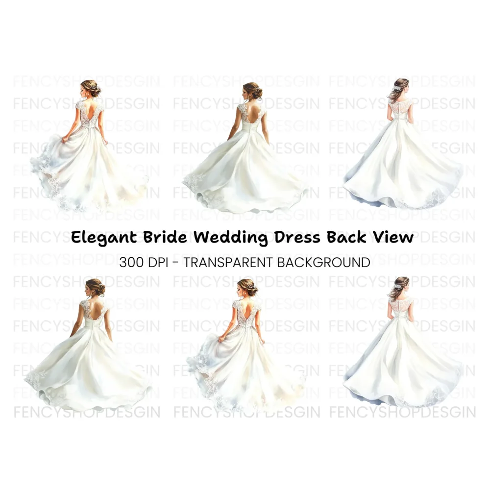 Elegant Wedding Dress Back View Clipart Bundle
