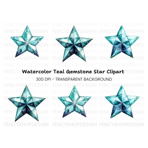 Geometric Blue Crystal Stars Clipart Bundle