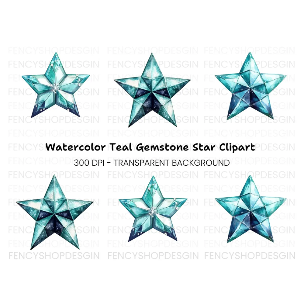 Geometric Blue Crystal Stars Clipart Bundle