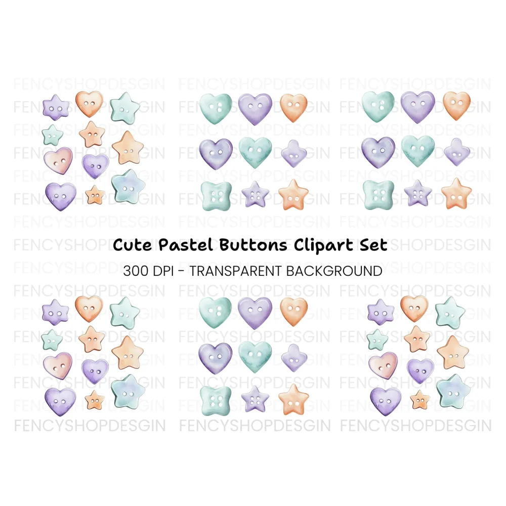Assorted Pastel Heart and Star Buttons Clipart Bundle