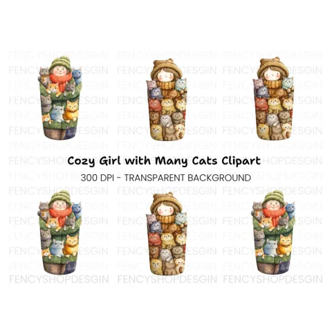 Girl Hugging Cats Clipart Bundle
