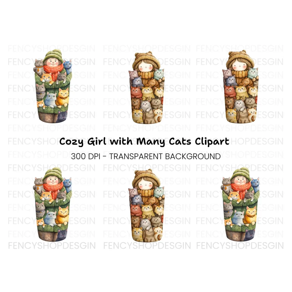 Girl Hugging Cats Clipart Bundle