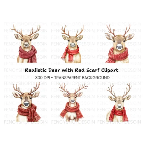 Festive Reindeer with Red Scarves Clipart Bundle