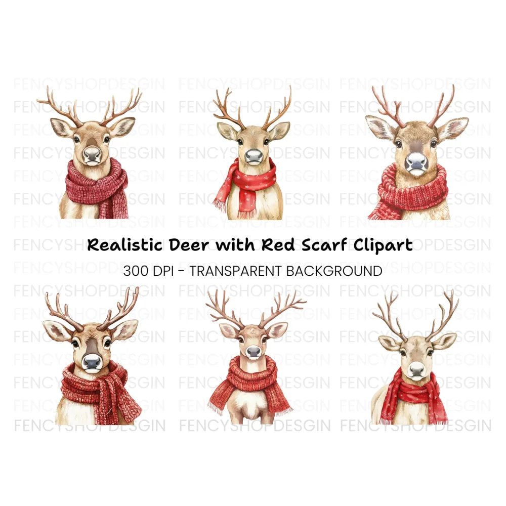 Festive Reindeer with Red Scarves Clipart Bundle