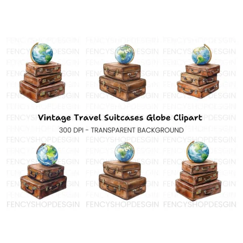 Vintage Travel Suitcases with Globe Clipart Bundle