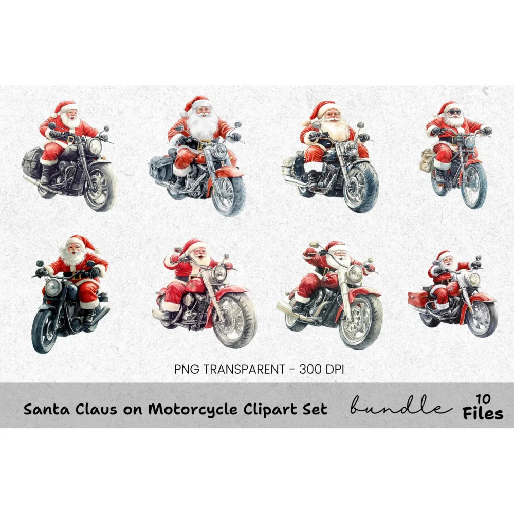 Santa Claus on Motorcycle Clipart Bundle