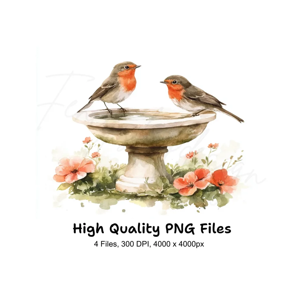 Robin Birds on Bird Bath Clipart Bundle
