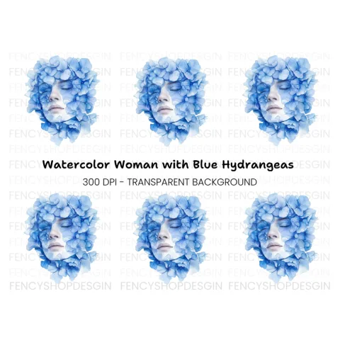Blue Hydrangea Woman Face Clipart Bundle