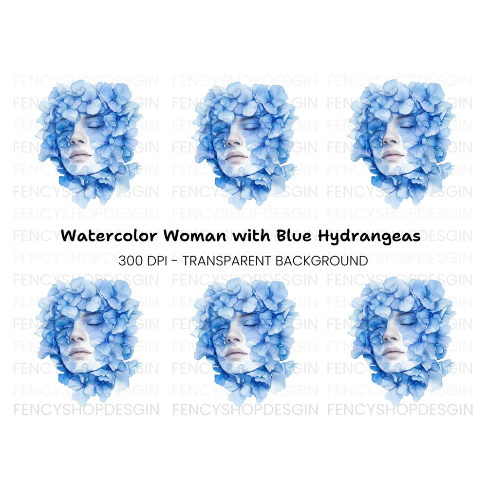 Blue Hydrangea Woman Face Clipart Bundle