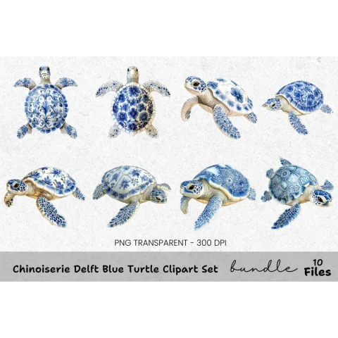 Chinoiserie Delft Blue Turtle Clipart Bundle