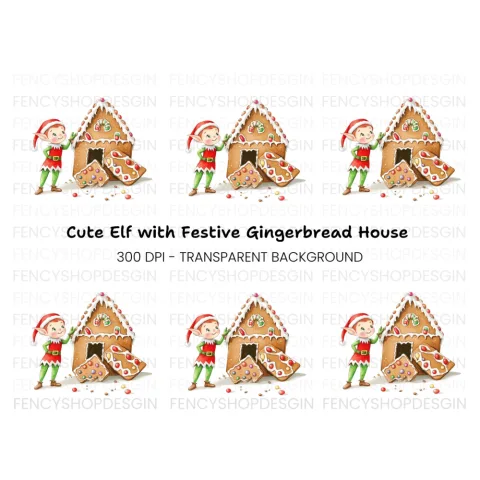 Cute Elf with Gingerbread House Clipart Bundle