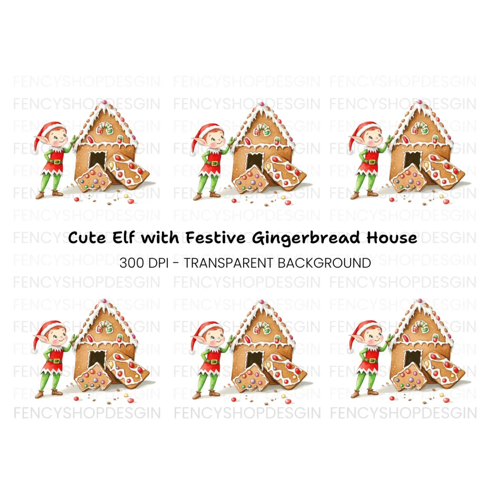 Cute Elf with Gingerbread House Clipart Bundle