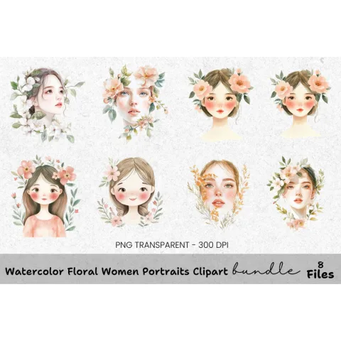 Floral Women Portraits Clipart Bundle
