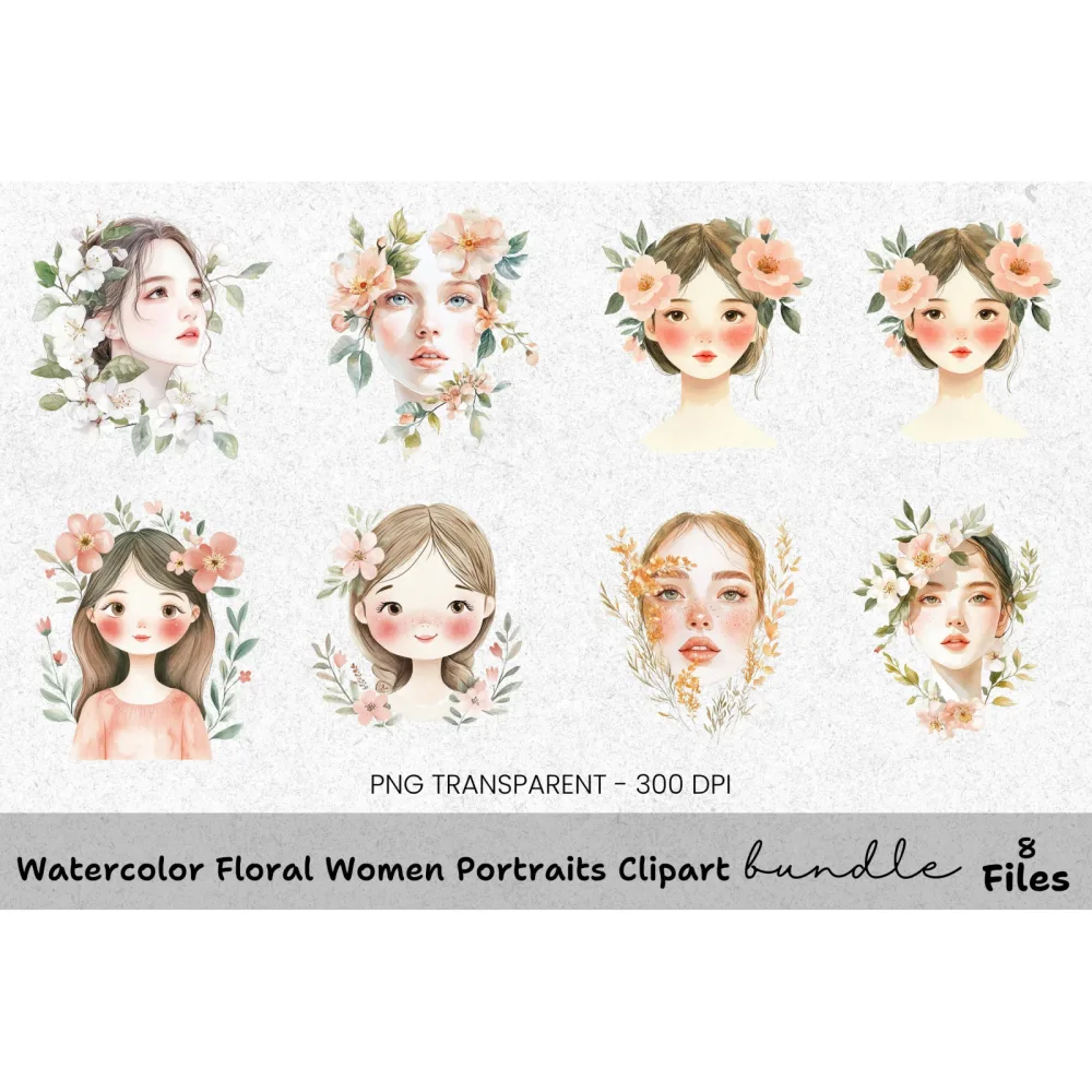 Floral Women Portraits Clipart Bundle