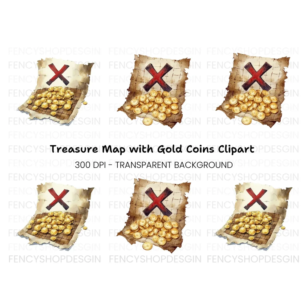Pirate Treasure Map and Gold Coins Clipart Bundle