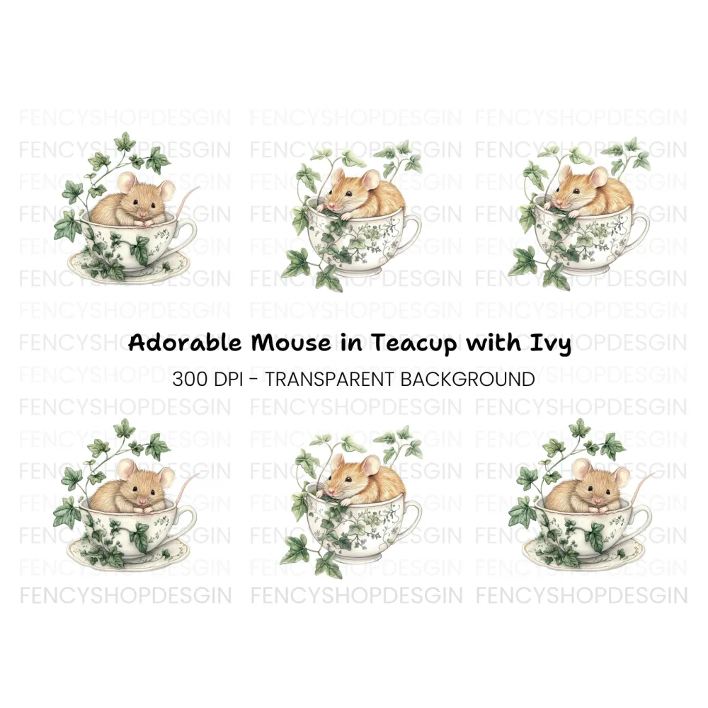 Brown Mice in Teacups Clipart Bundle